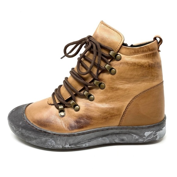 SPRING STEP DARLEEN Leather Lace Up Zip BOOTS Camel - Picture 1 of 7